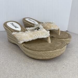 Vintage Y2K 2000 Women’s Mud Wedge Boho Lace Heel Thong Sandals Size 8 M‎
